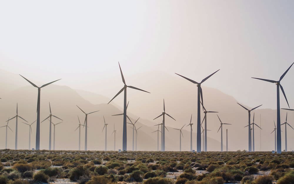 Wind turbine farm showing many turbines in a open field with mountains in the background.