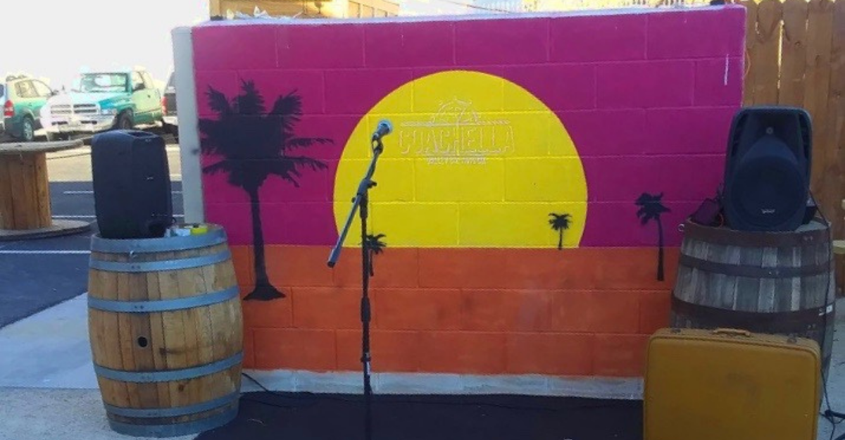 An empty stage on the outdoor patio at Coachella Valley Brewing Co.