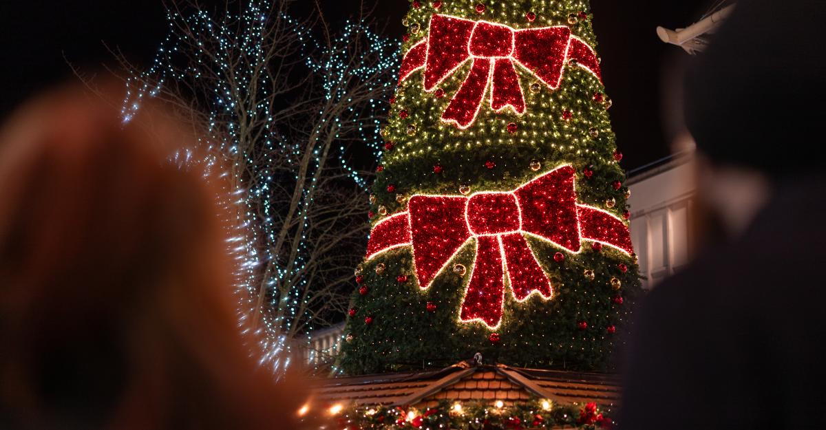 Southampton Christmas Market tree lit up at night with bright red bows