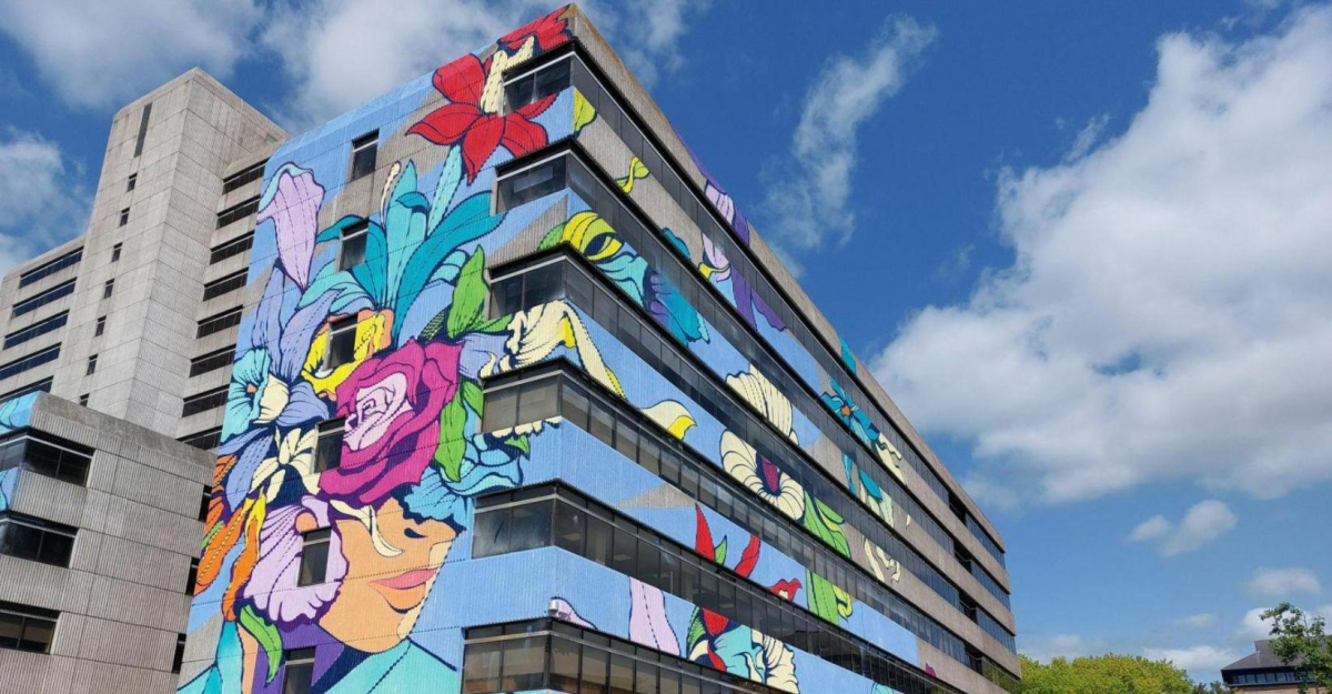 Giant colourful mural called &quot;The Bulb&quot; on Frobisher House
