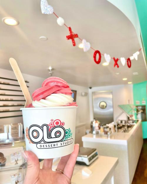 A person holds up a cup of frozen yogurt from Olo Dessert Studio