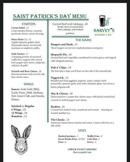 Harvey's St. Patrick's Day Menu