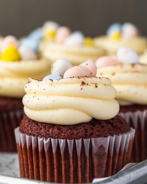 chocolate cupcake with pastel colored eggs on top