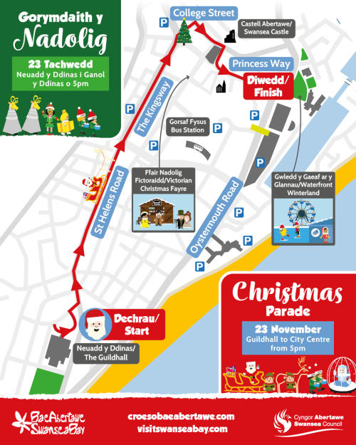 Christmas Parade Route 2025 / Llwybr Gorymdaith y Nadolig 2025