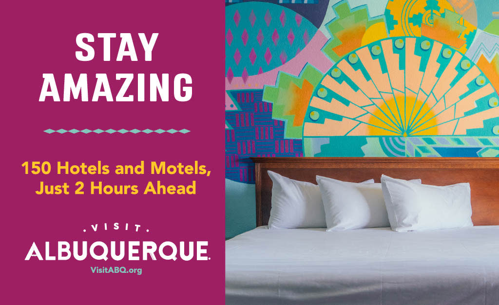 An example of an ad in the I-40 intercept campaign, It shows a hotel room with the text "Stay Amazing. 150 Hotels and Motels, Just 2 Hours Ahead."
