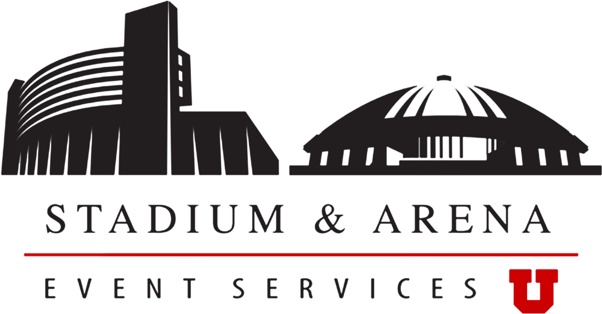 A black and white block drawing of a stadium and the dome of an arena with the words Stadium & Arena Event Services and the University of Utah U