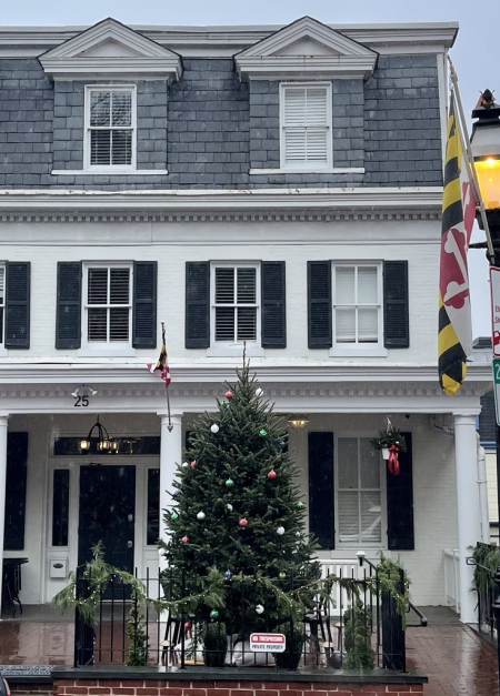 a building with a Christmas tree in front of it