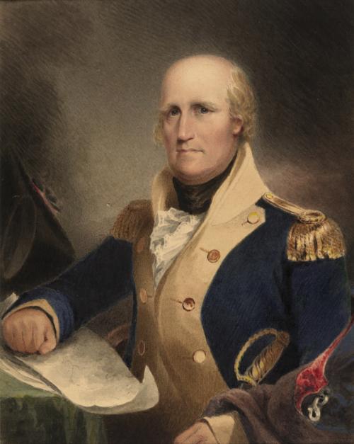 Portrait painting of George Rogers Clark wearing a blue military coat with gold epaulettes and a cream-colored vest, seated beside a map and military hat.