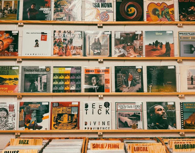 A wall of records at One Long Groove
