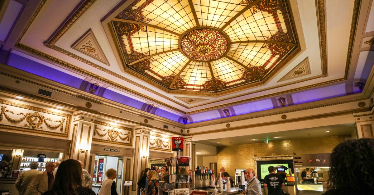 Interior of the Kentucky Theatre with stain glass ceiling design
