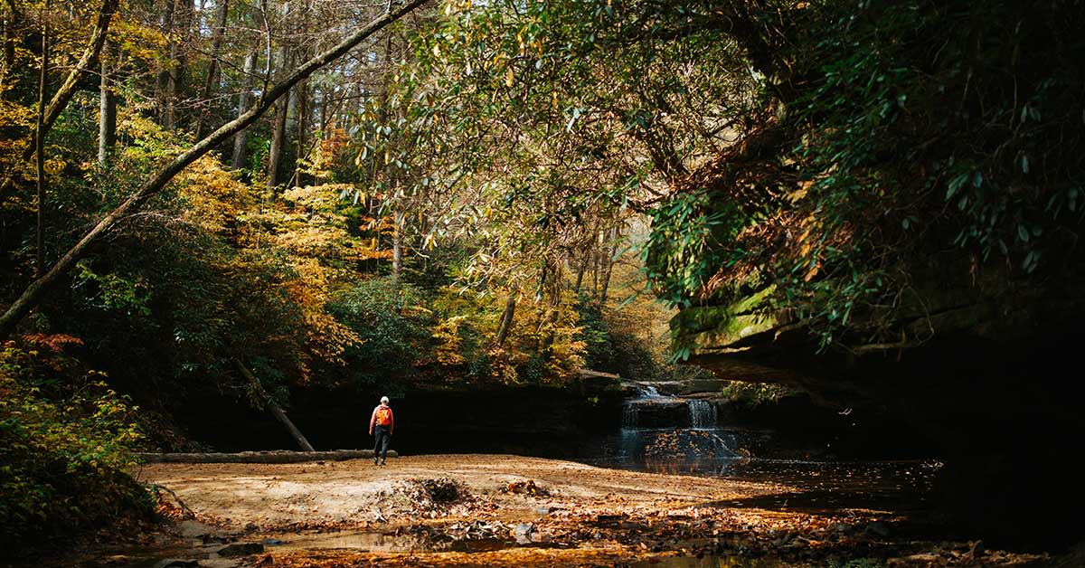 Person hiking in the Red River Gorge in Kenutcky.