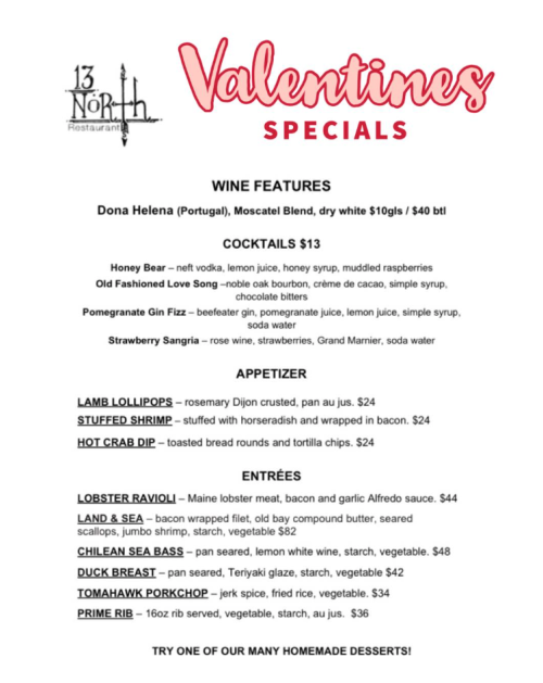Valentines Day themed restaurant menu