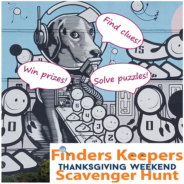 Mural created by the London Police in Covington Kentucky of robot dogs with the words Finders Keepers Thanksgiving Weekend Scavenger Hunt