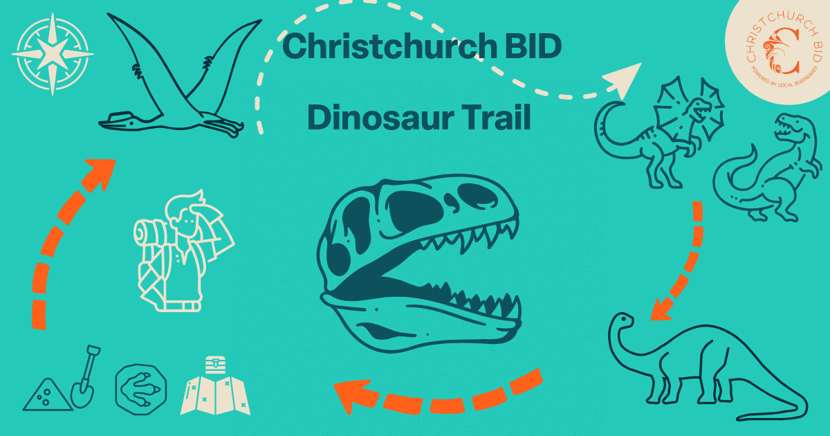 Dinosaur trail promotional graphic showing dinosaur skulls on turquoise background