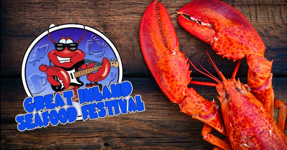 Image is of a lobster to the right and a cartoon lobster playing the guitar with the words "Great Inland Seafood Festival" under it.