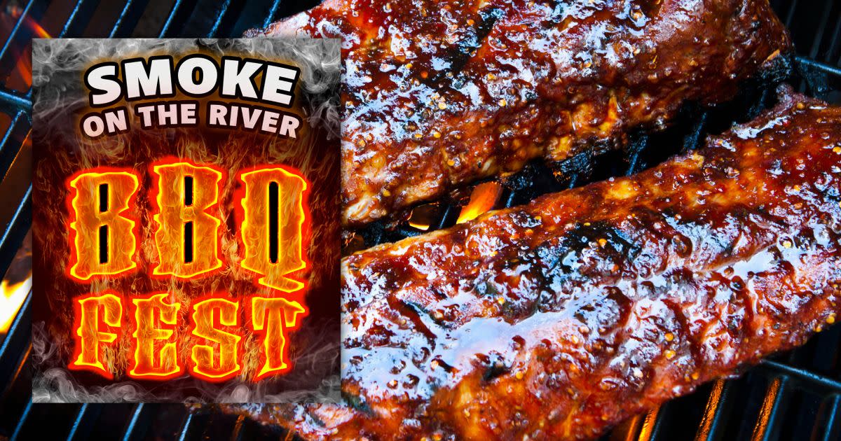 Image of BBQ Ribs on a grill with the words "Smoke On The River BBQ Fest" on the left side.