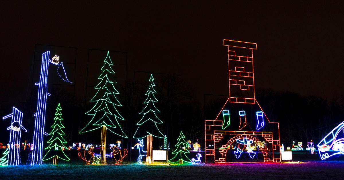 lighted holiday displays at night at Franke Park during the Fantasy of Lights