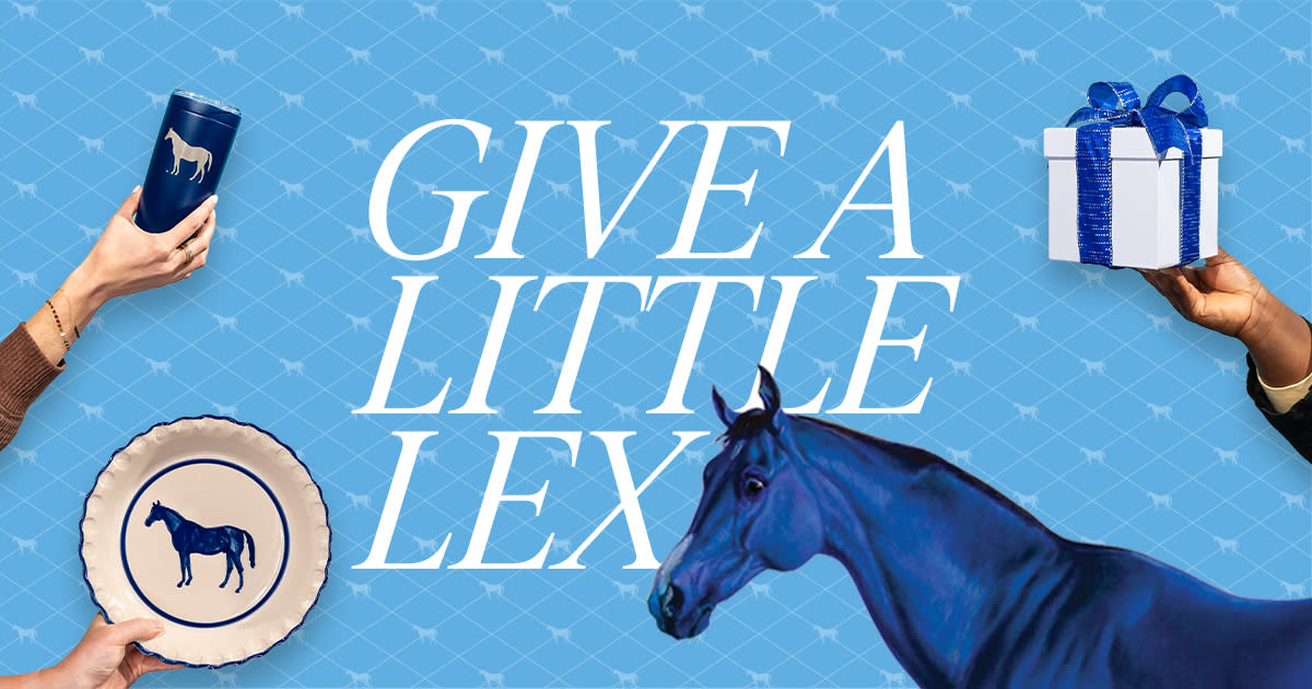 Text "Give a Little LEX" with a blue horse and hands holding gifts