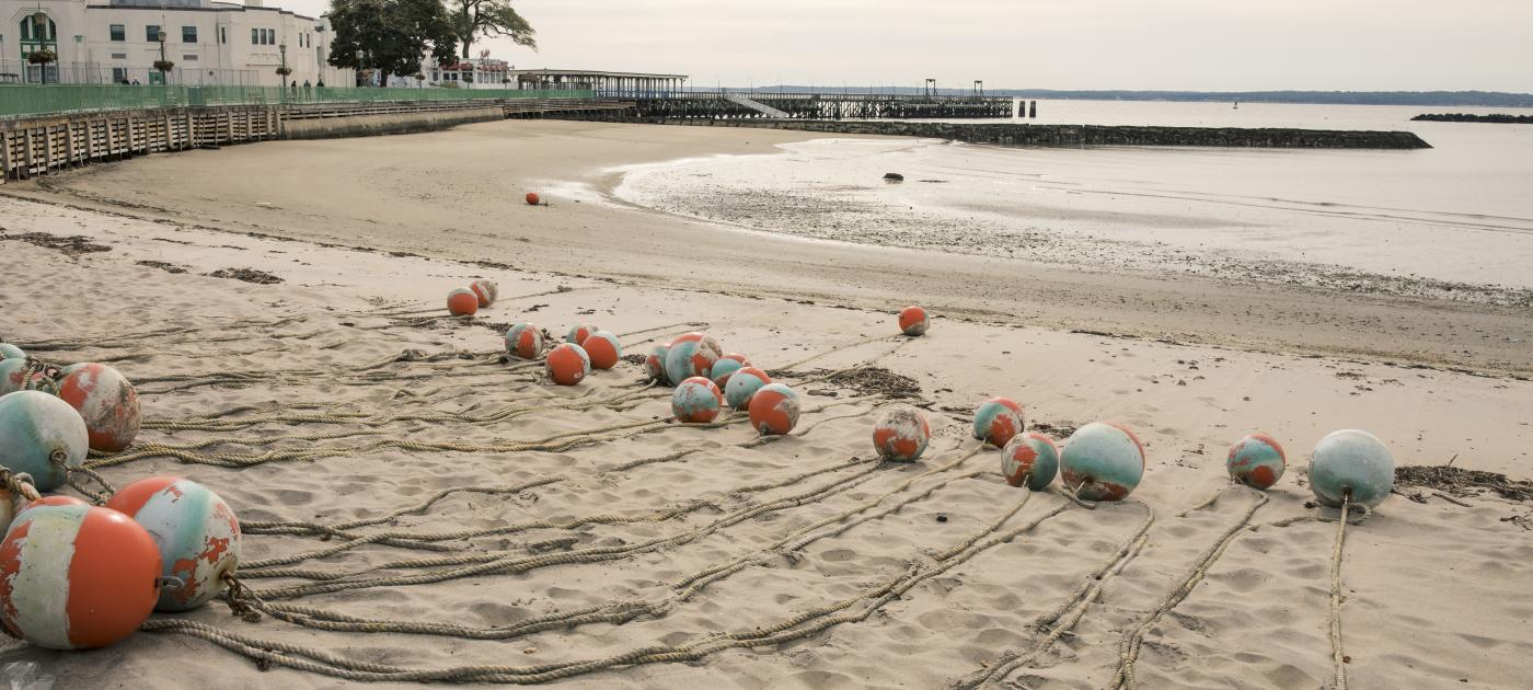 A quiet Playland Beach is shown with the lines for swimming lanes laid out on the sand.