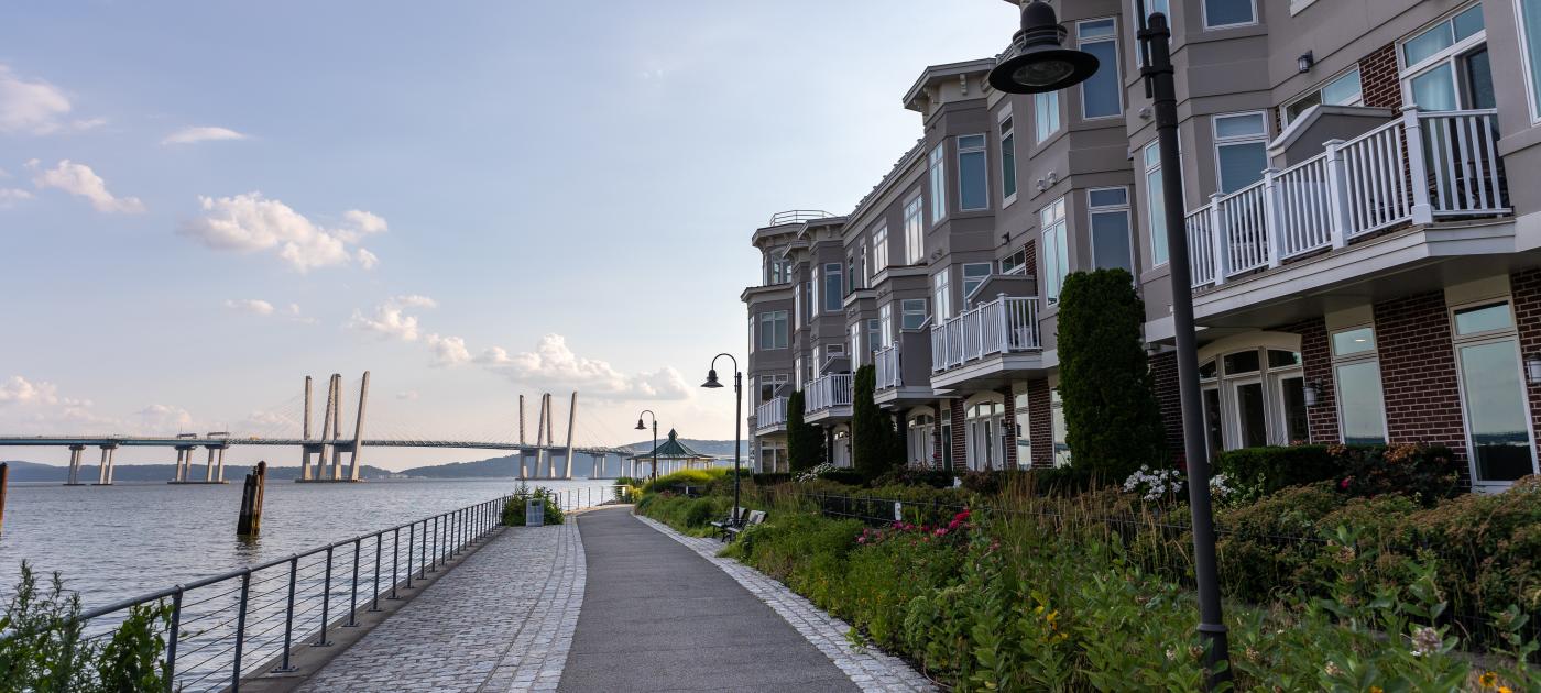 The RiverWalk pathway stretching along the shores of the Hudson River.