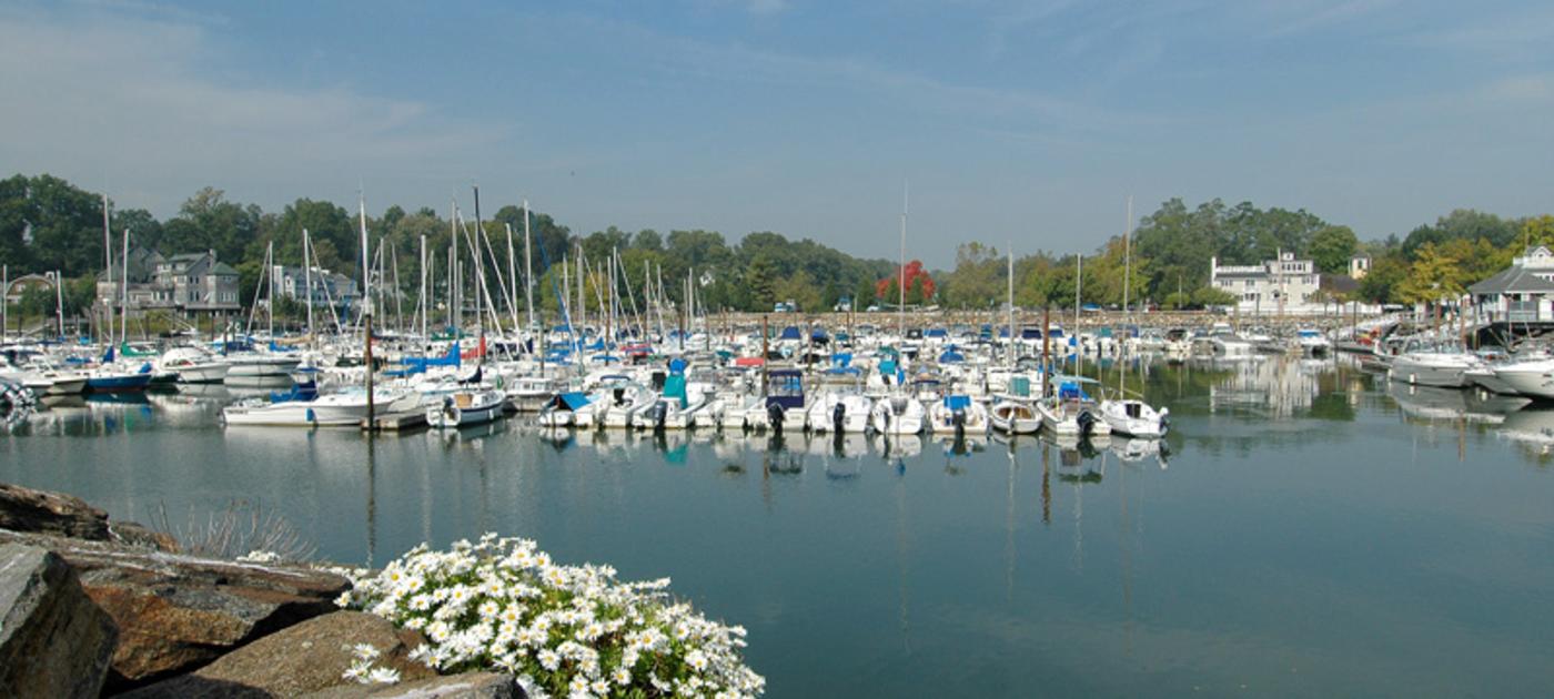 Sailboats are docked on the water in Rye.