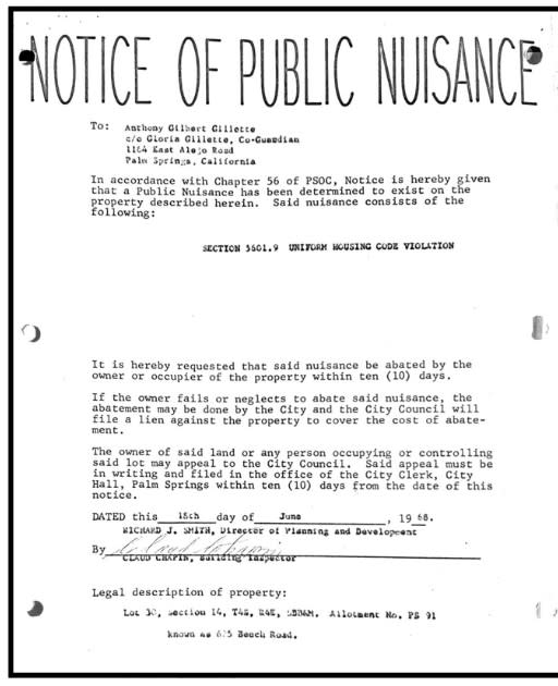 Section 14 notice of public nuisance in Palm Springs, 1968