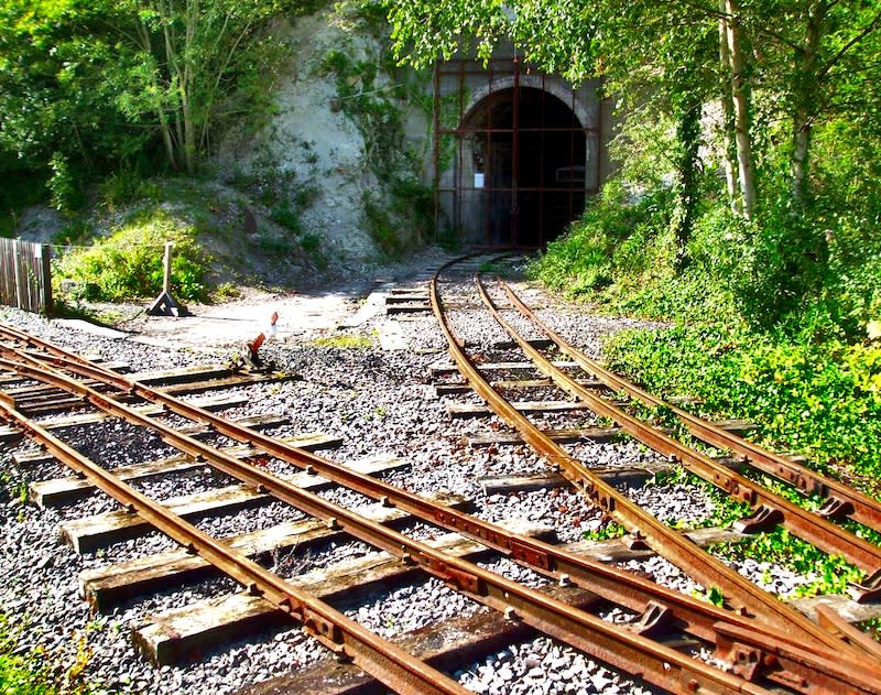 railway tracks leading in to a tunnel at Amberley Museum which was used in a James Bond film