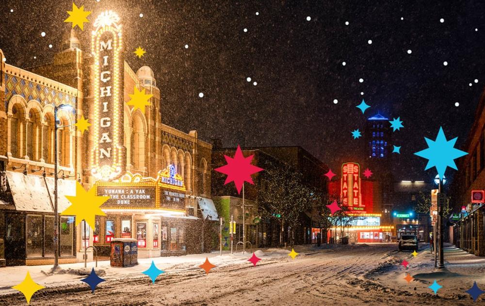 Snowy michigan theater scene with graphics added