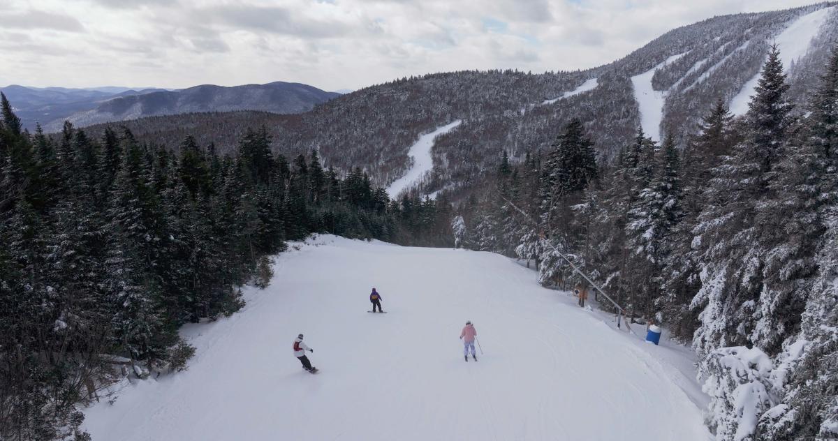 Aerial photo of skiers and snowboarders on Gore Mountain