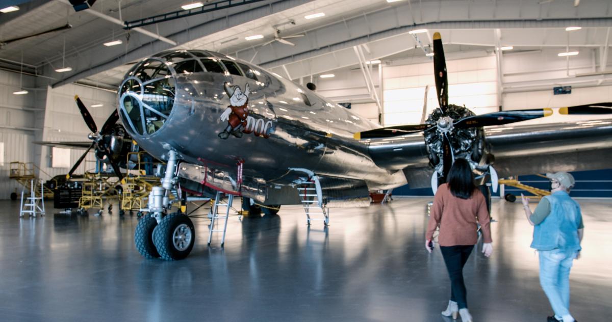 The B-29 Doc Superfortress sits inside the Doc hangar in Wichita