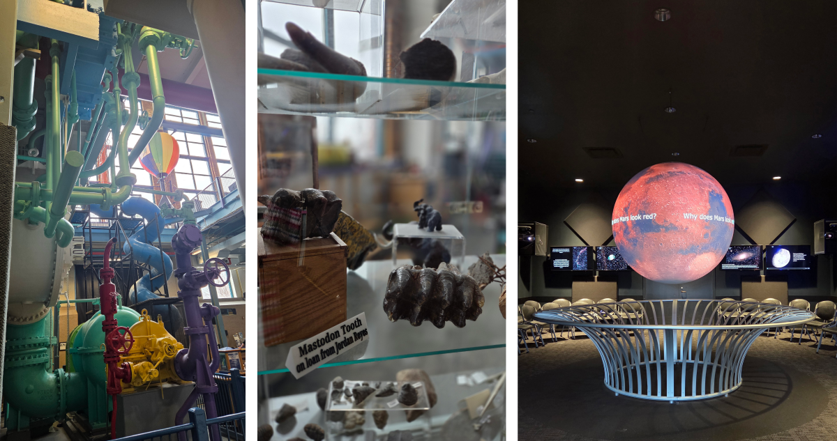 Three picture collage showing the colorful pipes inside of Science Central, the fossil and rock swap shelf, and the Science on a Sphere room with a giant hanging globe showing Mars.