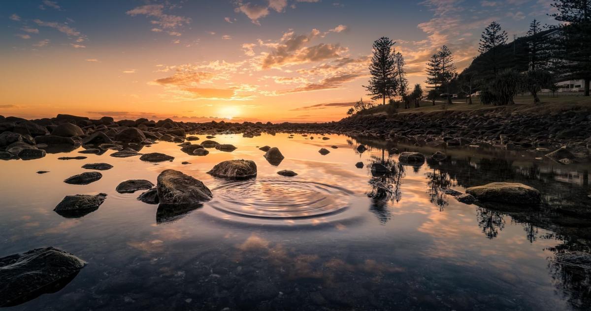 Sunset over a rocky shoreline with calm water reflecting the colorful sky and silhouetted trees.