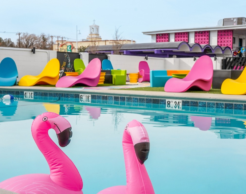 Two blow-up flamingos sit in the Hotel Zazz pool