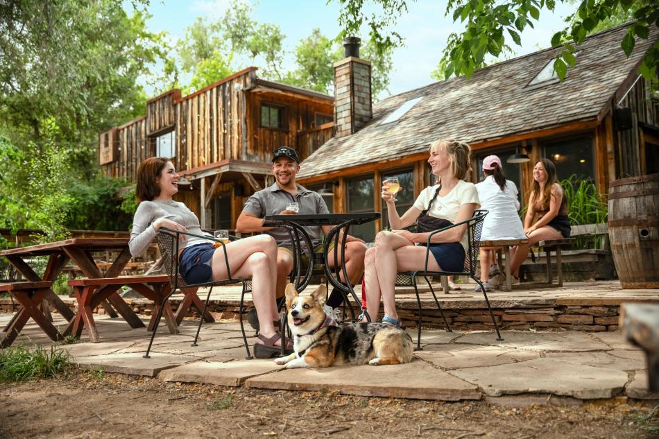 A group of friends drinks beer with dog at Stodgy Brewing
