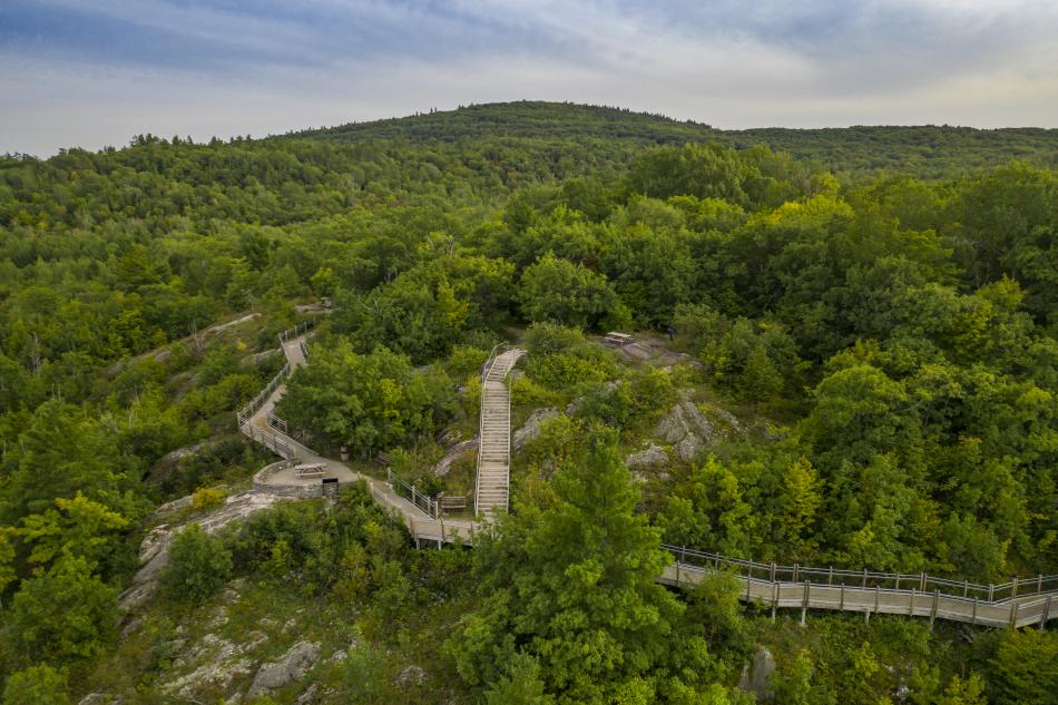 Aerial view of Thomas Rock Scenic Overlook in Big Bay, MI