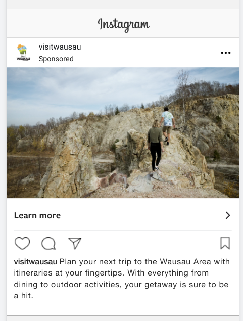 Paid Instagram social post for Visit Wausau, Wisconsin, showing a group on a rocky hike.
