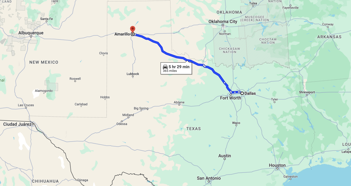 Map showing the way to Amarillo from Dallas