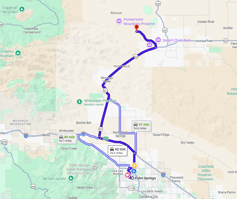 palm springs to Pioneertown map