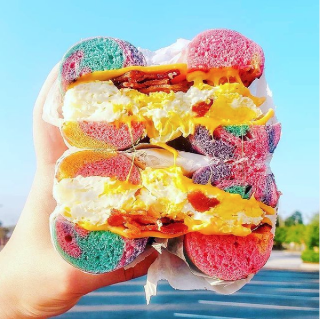 rainbow colored bagel at 101 Bagel Cafe