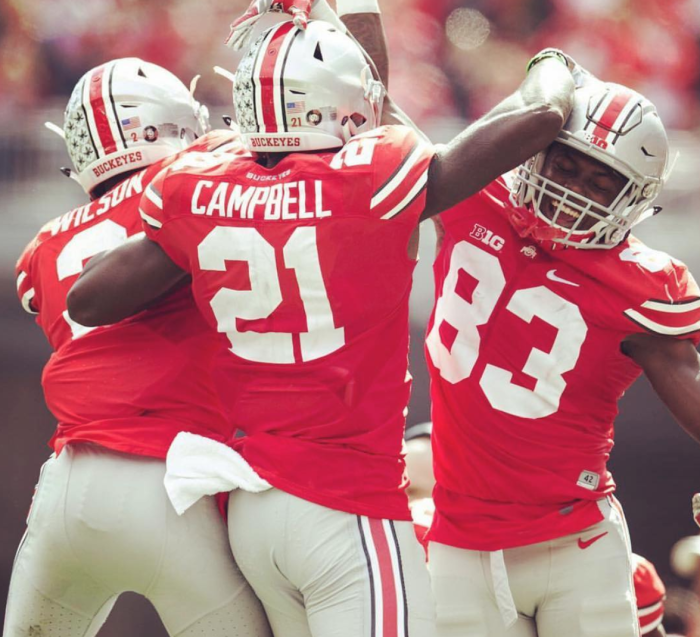 OSU's Parris Campbell Jr. cheers with teammates