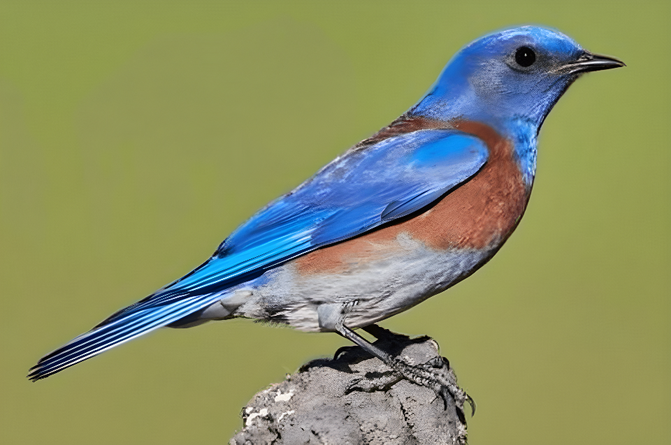 A photo of a Western Bluebird, a small bird with a bright blue back and wings and a white breast.