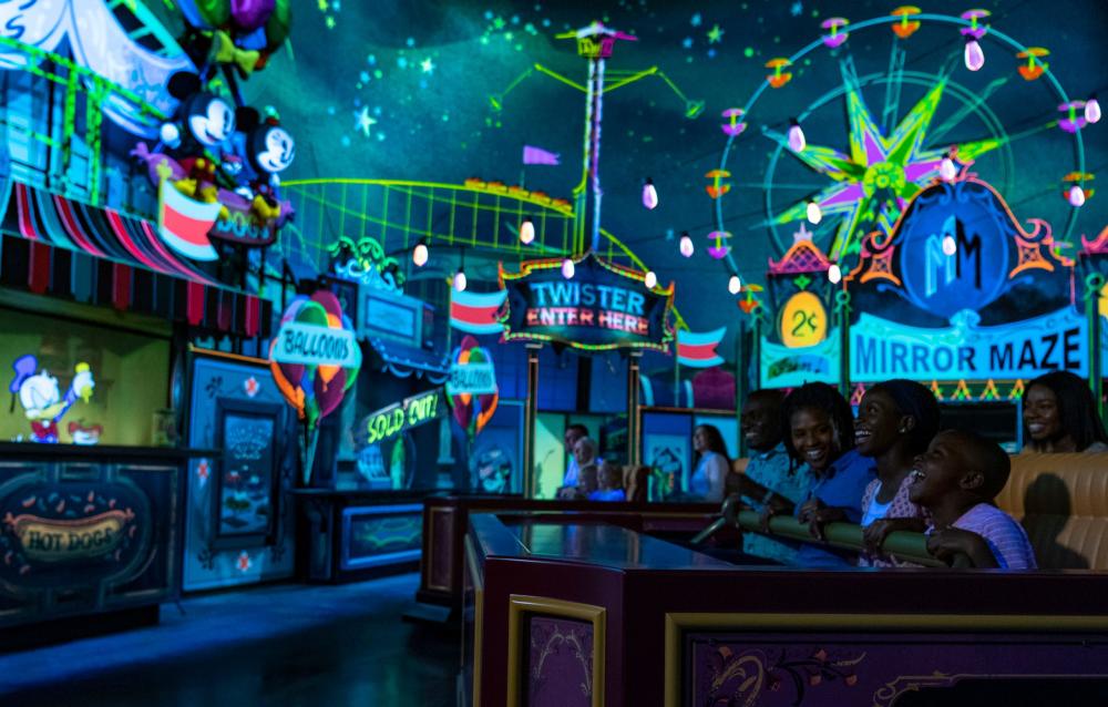 Image of the inside of Mickey and Minnie's Runaway Railway attraction at Disneyland Resort.