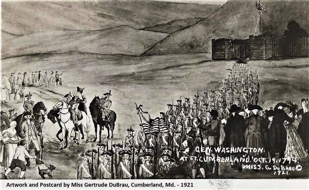Black-and-white 1921 illustration depicting General Braddock and George Washington arriving by horse and carriage at Fort Cumberland, Maryland, in 1755, with soldiers, settlers, and mountains in the background.