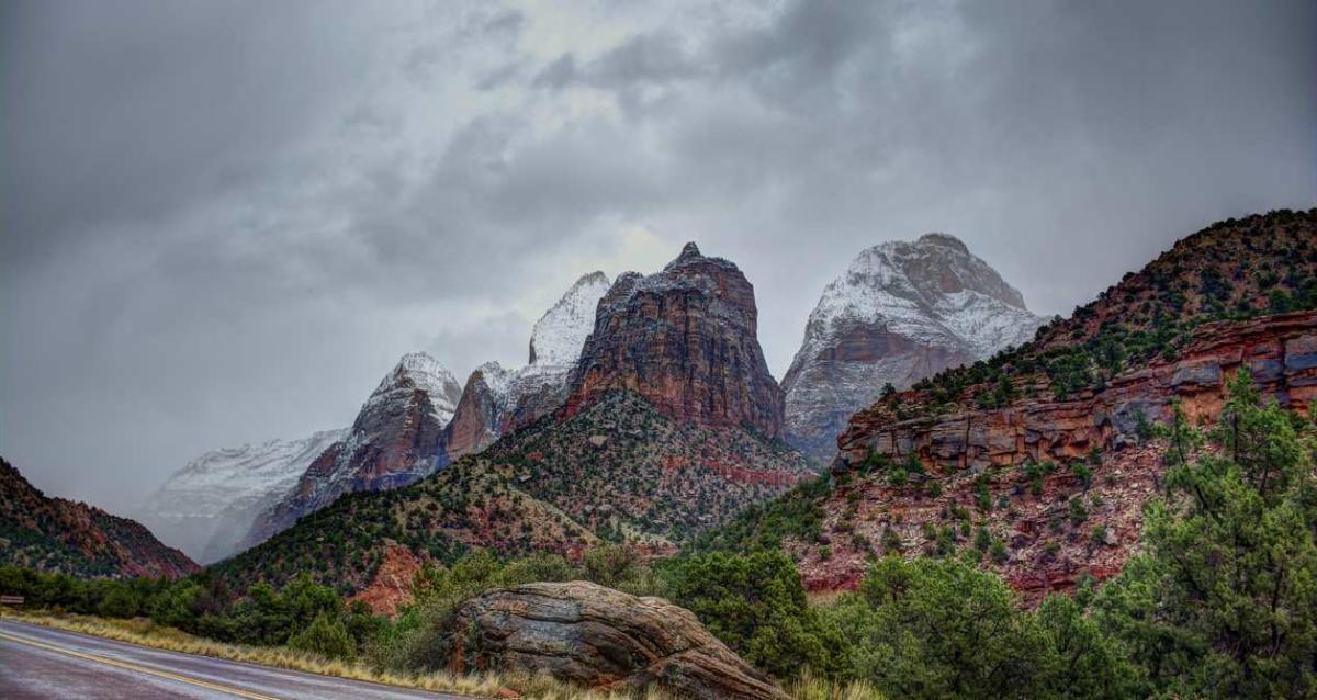Snow covered mountains by Zion National Park