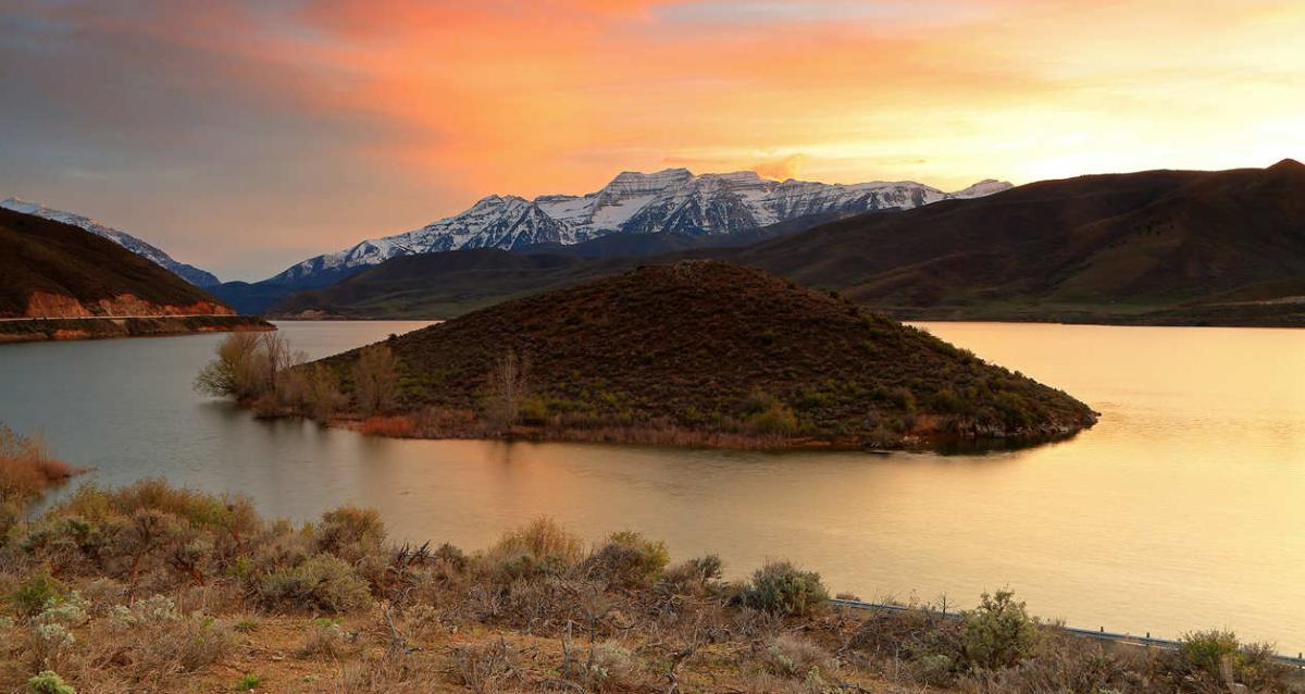 View of Deer Creek Reservoir and island at sunset.
