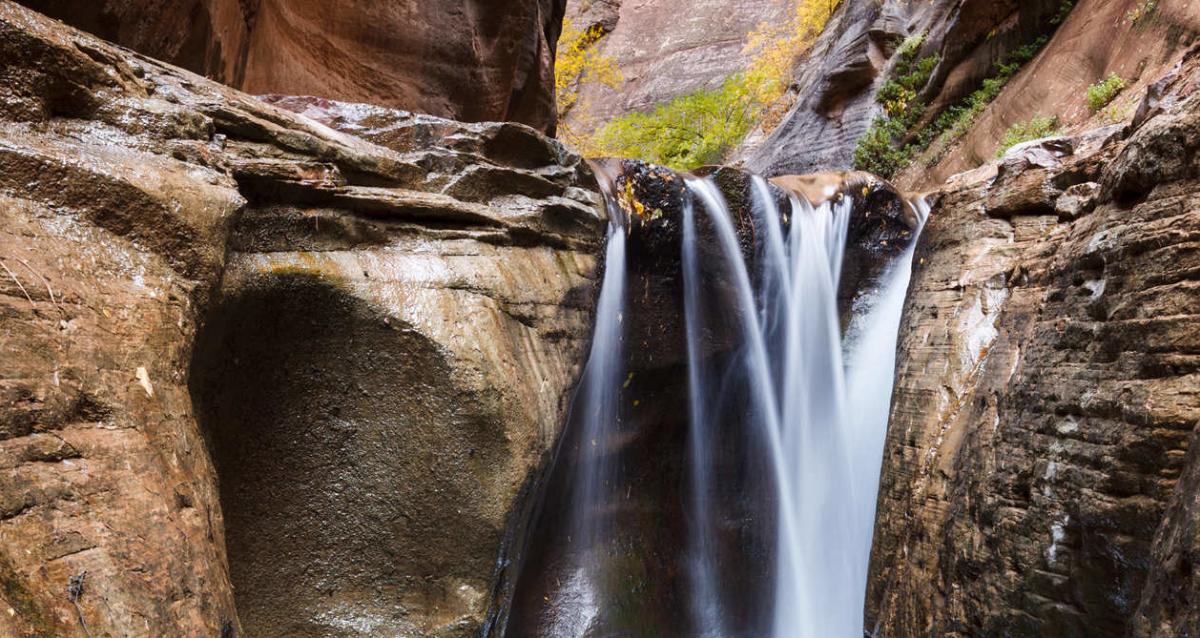 Waterfall in Orderville Gulch located in Zion National Park near The Narrows.