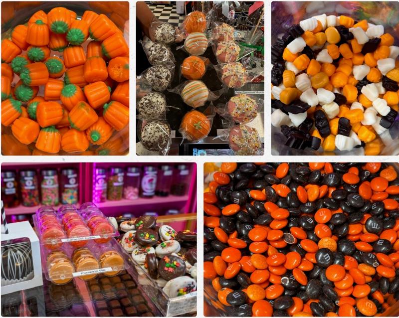 A collage of colorful fall and Halloween candies. Top left: bright orange pumpkin-shaped candies with green tops. Top middle: large decorated chocolate-covered treats on sticks, drizzled with icing and sprinkles. Top right: a bin of small gummy candies shaped like pumpkins, bats, and ghosts in orange, black, and white. Bottom left: a candy display case featuring caramel apple and pumpkin pie chocolates, along with cookies topped with festive fall sprinkles. Bottom right: a close-up of orange and black M&M’s.