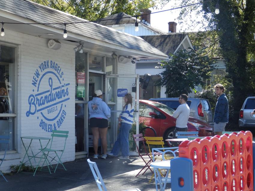 Line of People Waiting at Brandwein's Bagels Shop