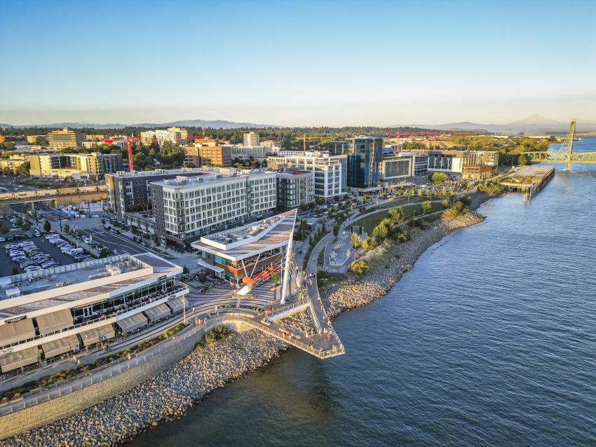Daytime drone view of Grant Street Pier in Vancouver, Washington