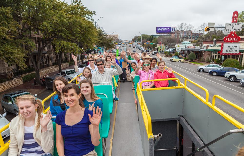 Double Decker bus Tour on South Congress Avenue in austin texas